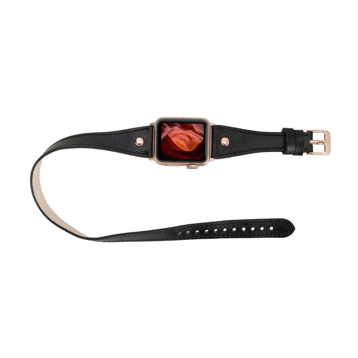 Black Leather Double Tour Slim Apple Watch Band (Gold Rivet)