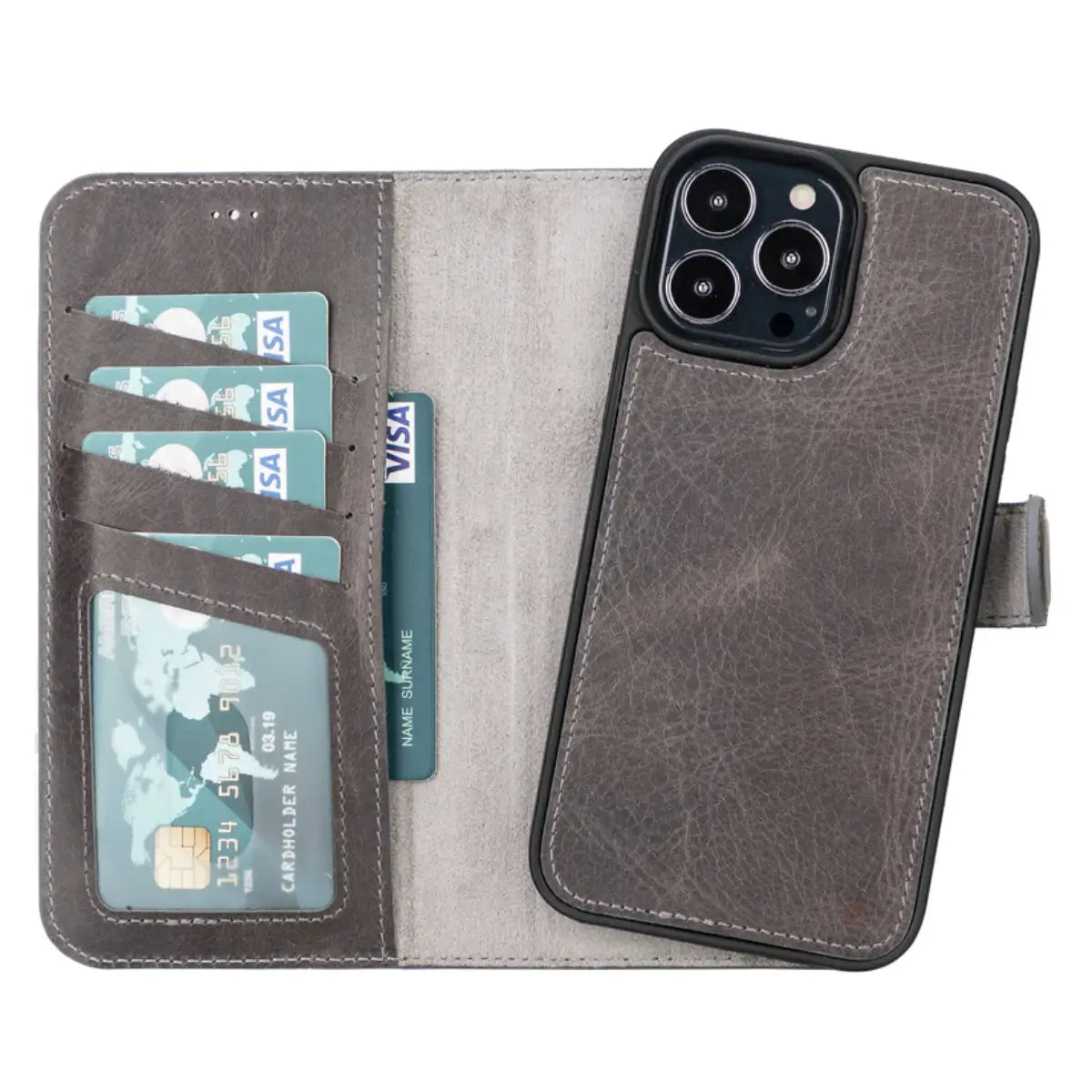 Rustic Black Leather Magnetic Wallet for iPhone 13 Pro MAX