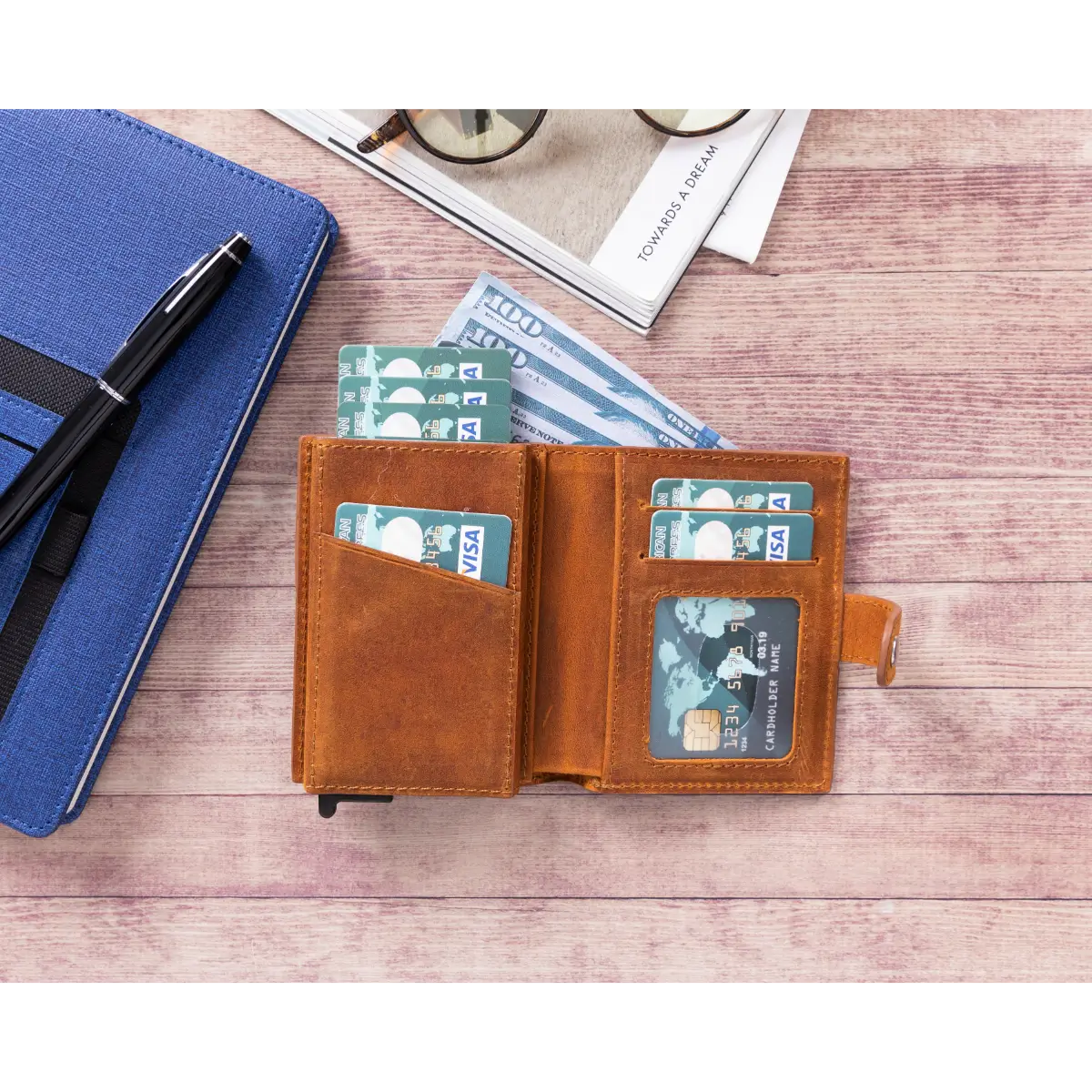 Palermo Leather Mechanical Card Holder-Camel Brown