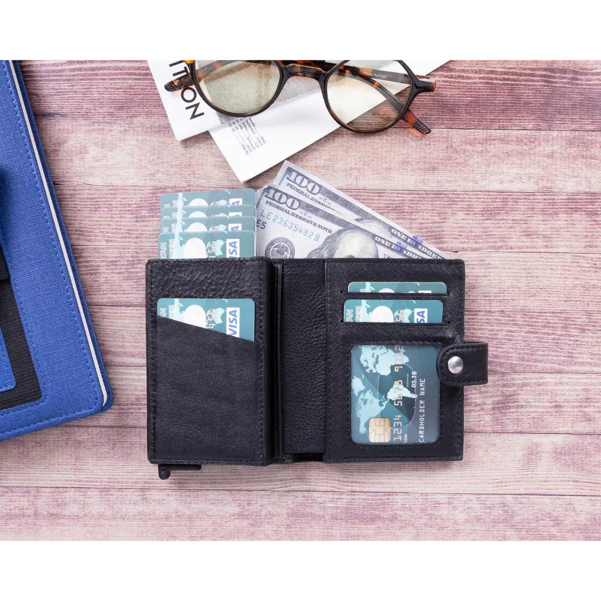 Palermo Leather Mechanical Card Holder-Black