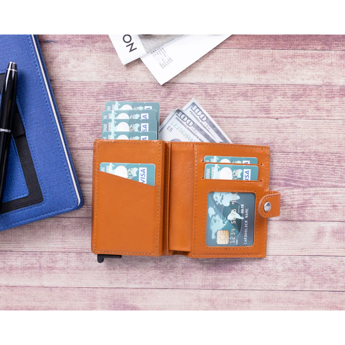 Palermo Leather Mechanical Card Holder-Tan