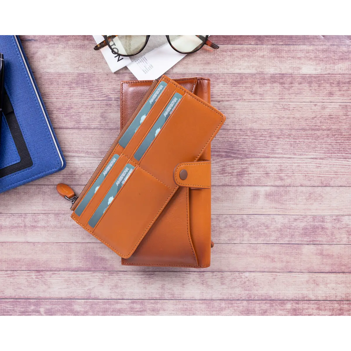 Unisex Leather Organizer Wallet-Burnished Tan