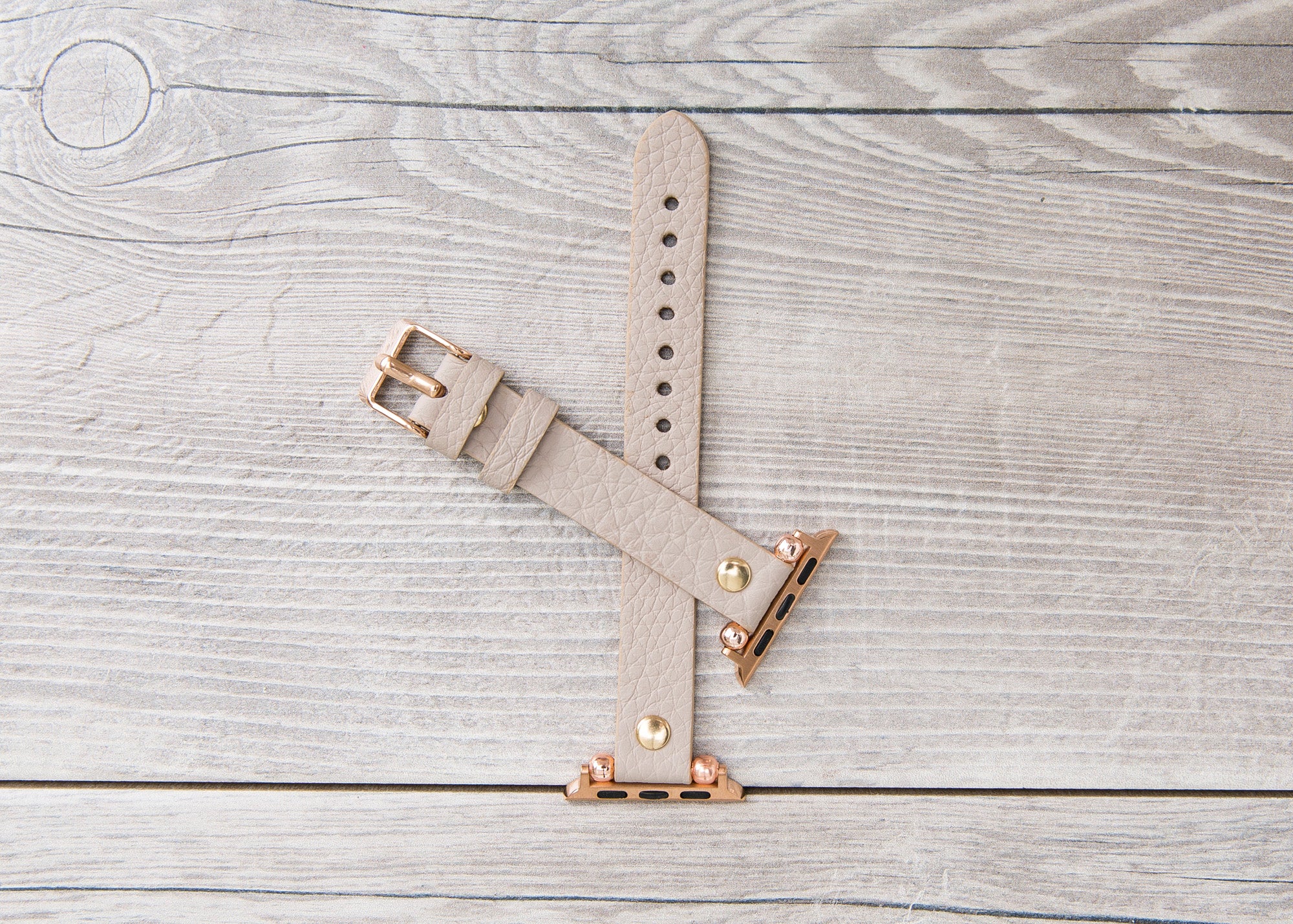 Gray-Beige Slim Full Grain Leather Band (Gold Rivet)