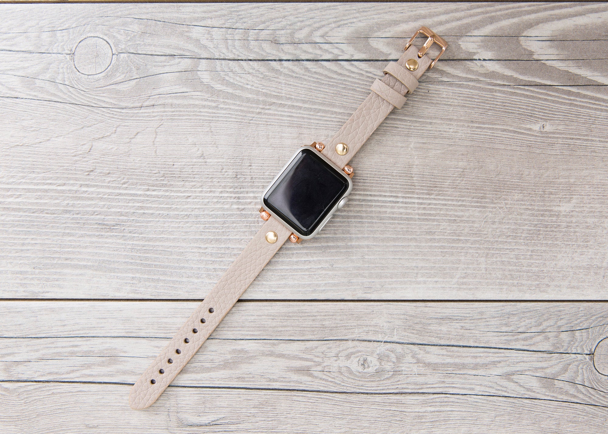 Gray-Beige Slim Full Grain Leather Band (Gold Rivet)