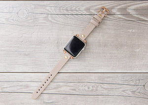 Gray-Beige Slim Full Grain Leather Band (Gold Rivet)
