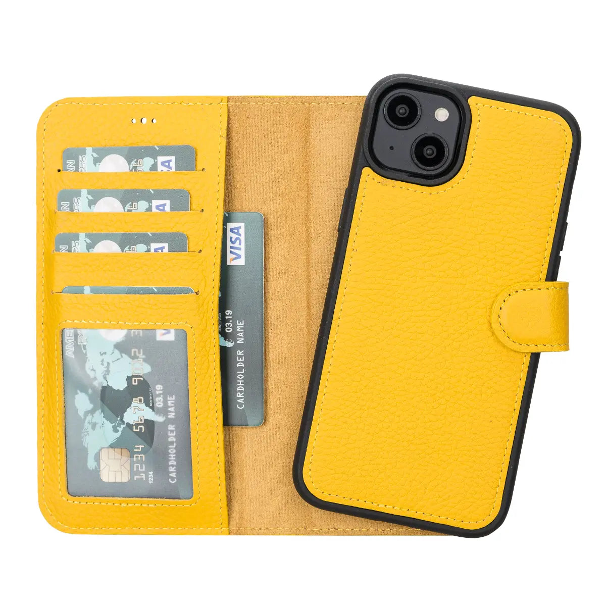 Yellow Leather Wallet Case for iPhone 14 Plus