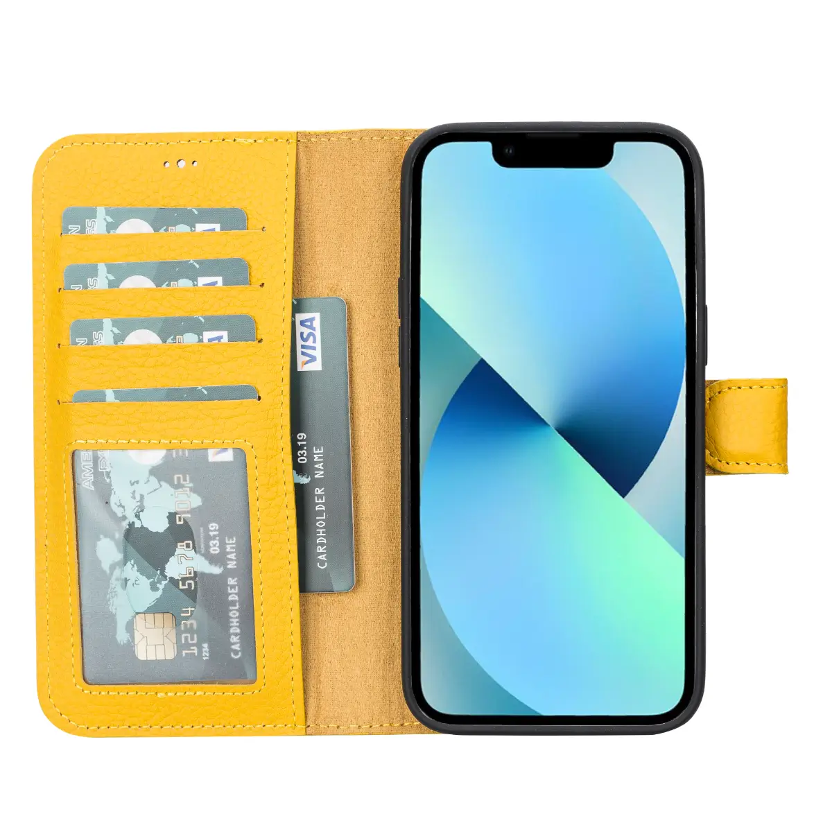 Yellow Leather Wallet Case for iPhone 14 Pro Max