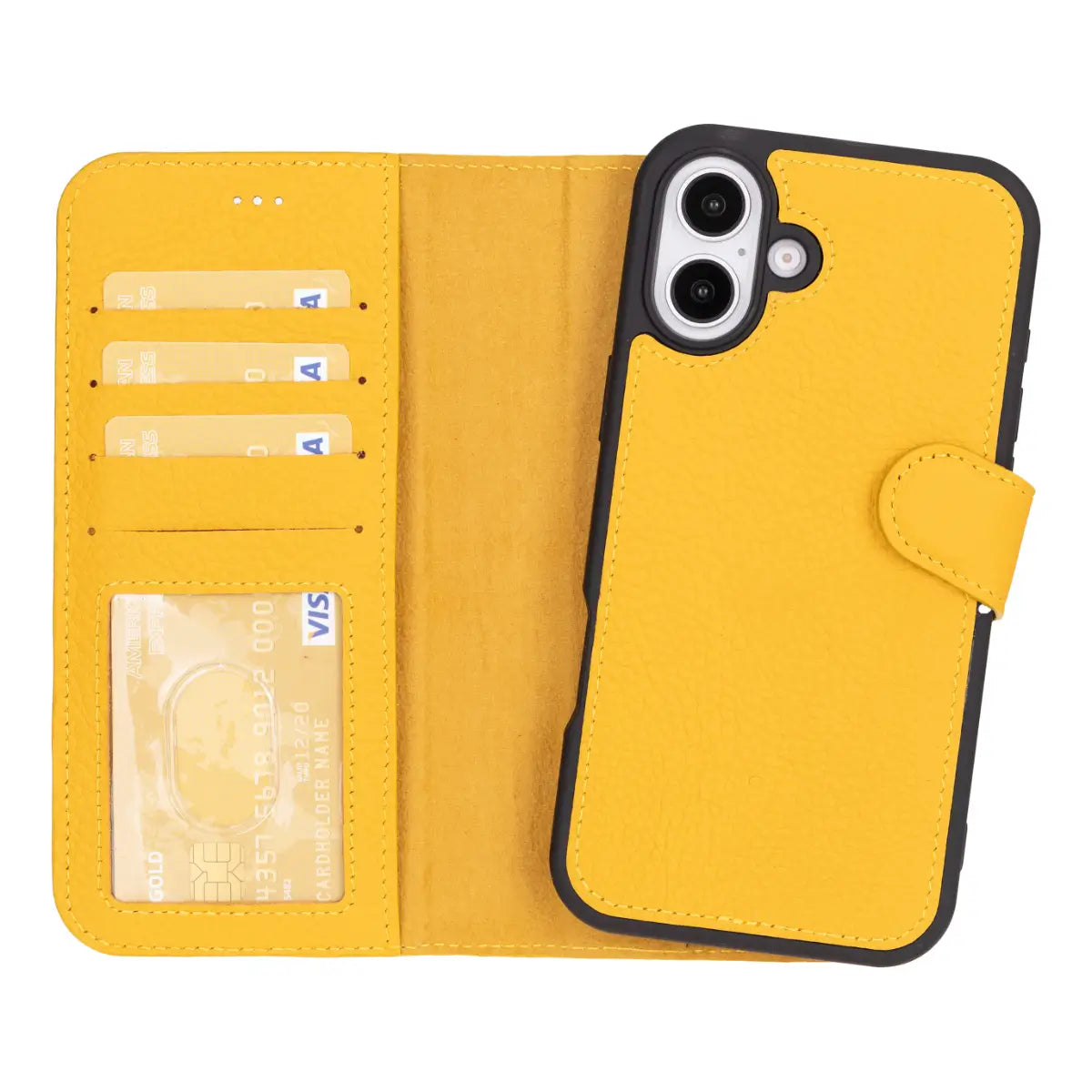 Yellow Leather Wallet Case for iPhone 16 Plus