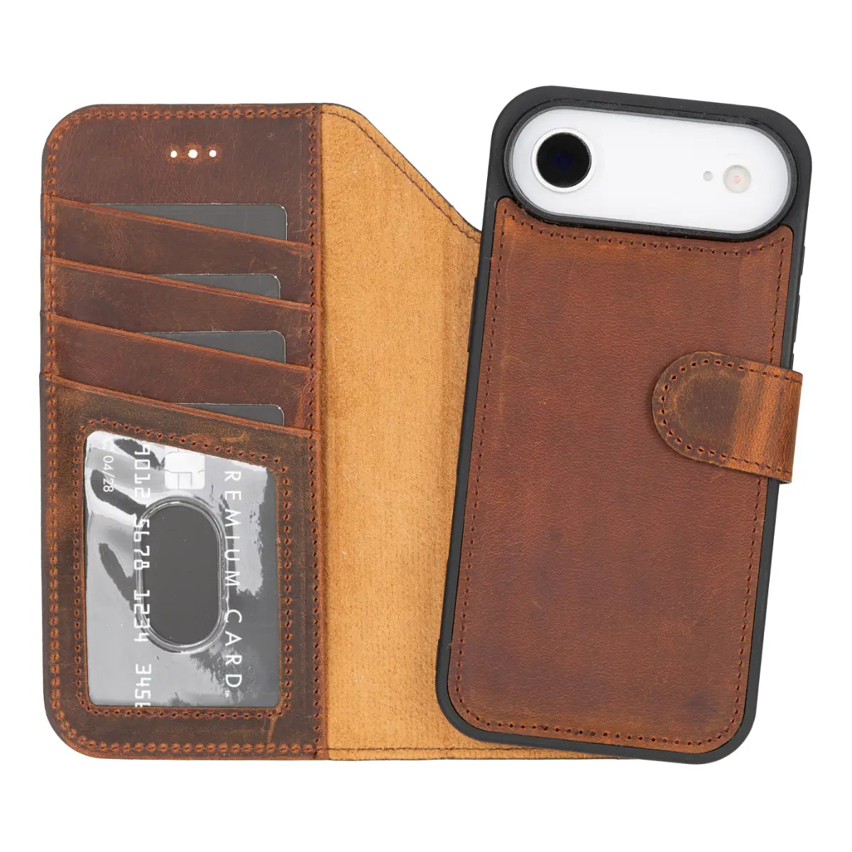 iPhone 17 Air Leather Case Distressed Brown Vero open with iPhone inside