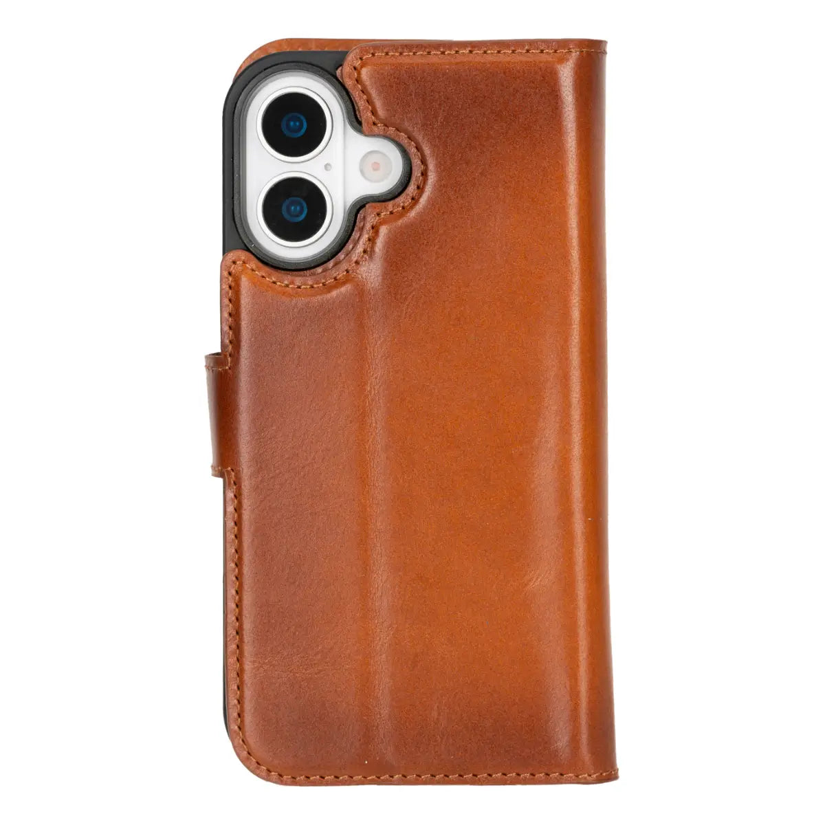 iPhone 17 Leather Case Burnished Tan Vero closed back view with iphone inside