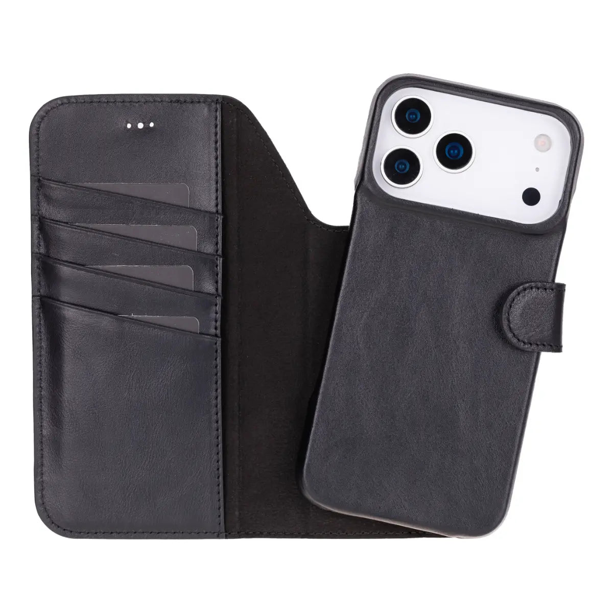 iPhone 17 Pro Leather Case Black Prestige open with iPhone inside