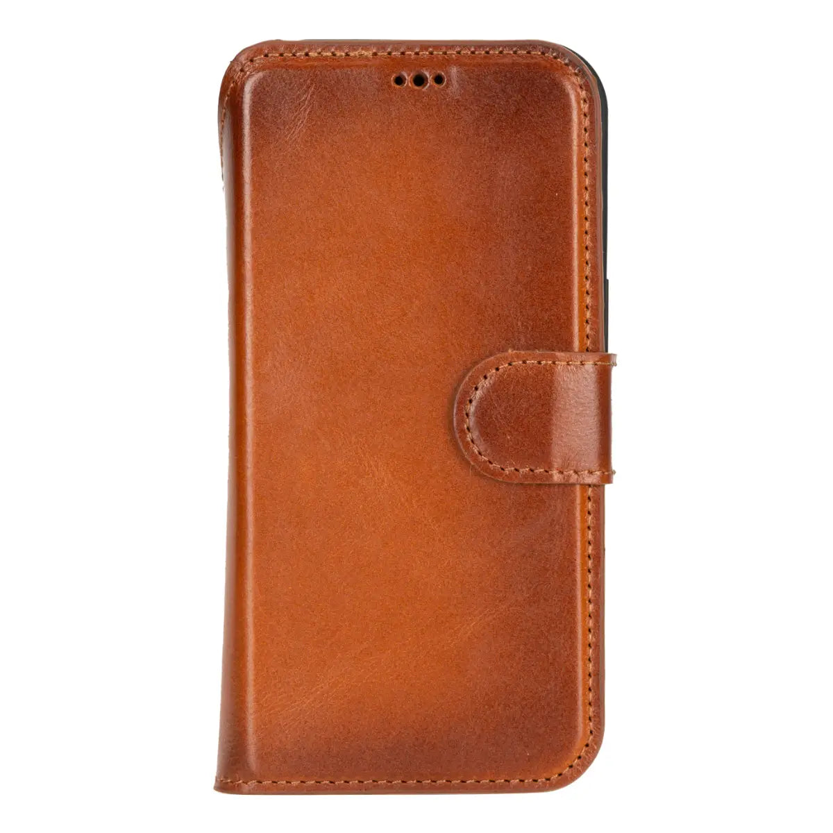 iPhone 17 Pro Leather Case Burnished Tan Vero closed front view with iphone inside