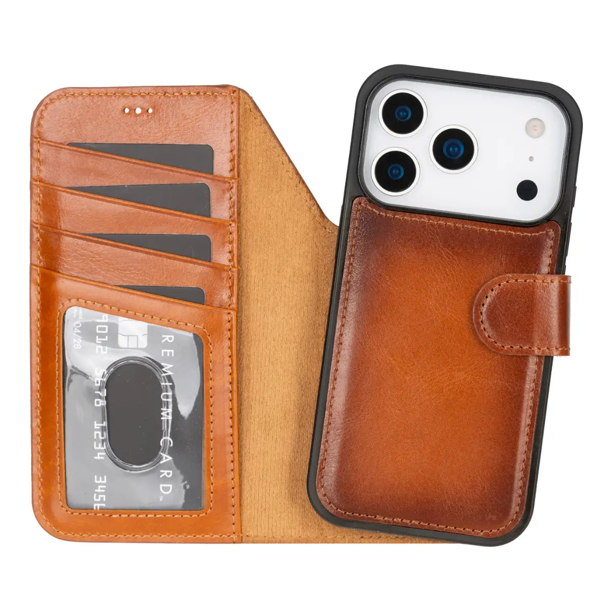 iPhone 17 Pro Leather Case Burnished Tan Vero open with iPhone inside