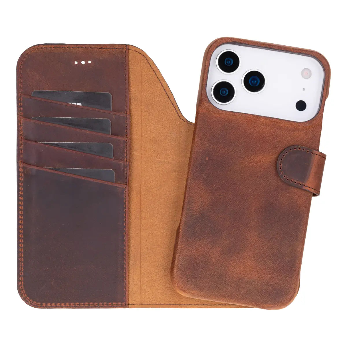 iPhone 17 Pro Leather Case Distressed Brown Prestige open with iPhone inside