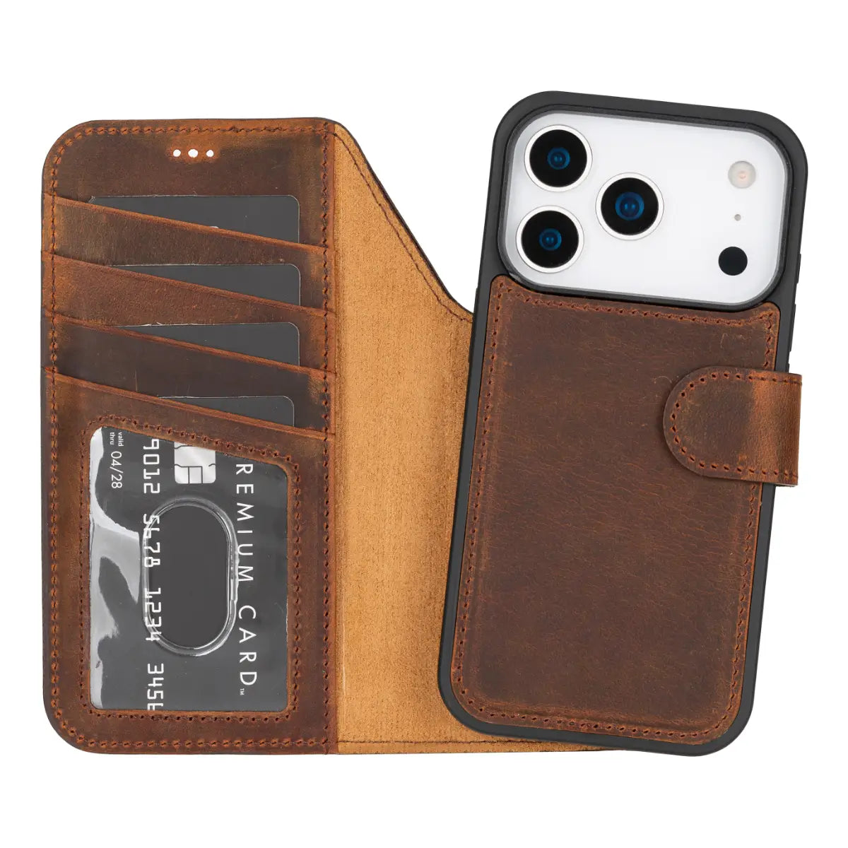 iPhone 17 Pro Leather Case Distressed Brown Vero open with iPhone inside
