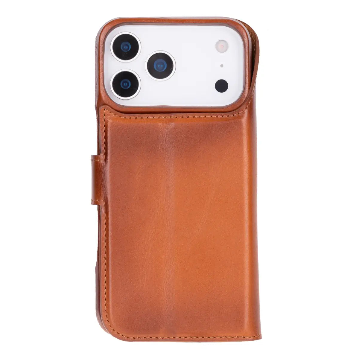 iPhone 17 Pro Max Leather Case Burnished Tan Prestige closed back with iPhone inside