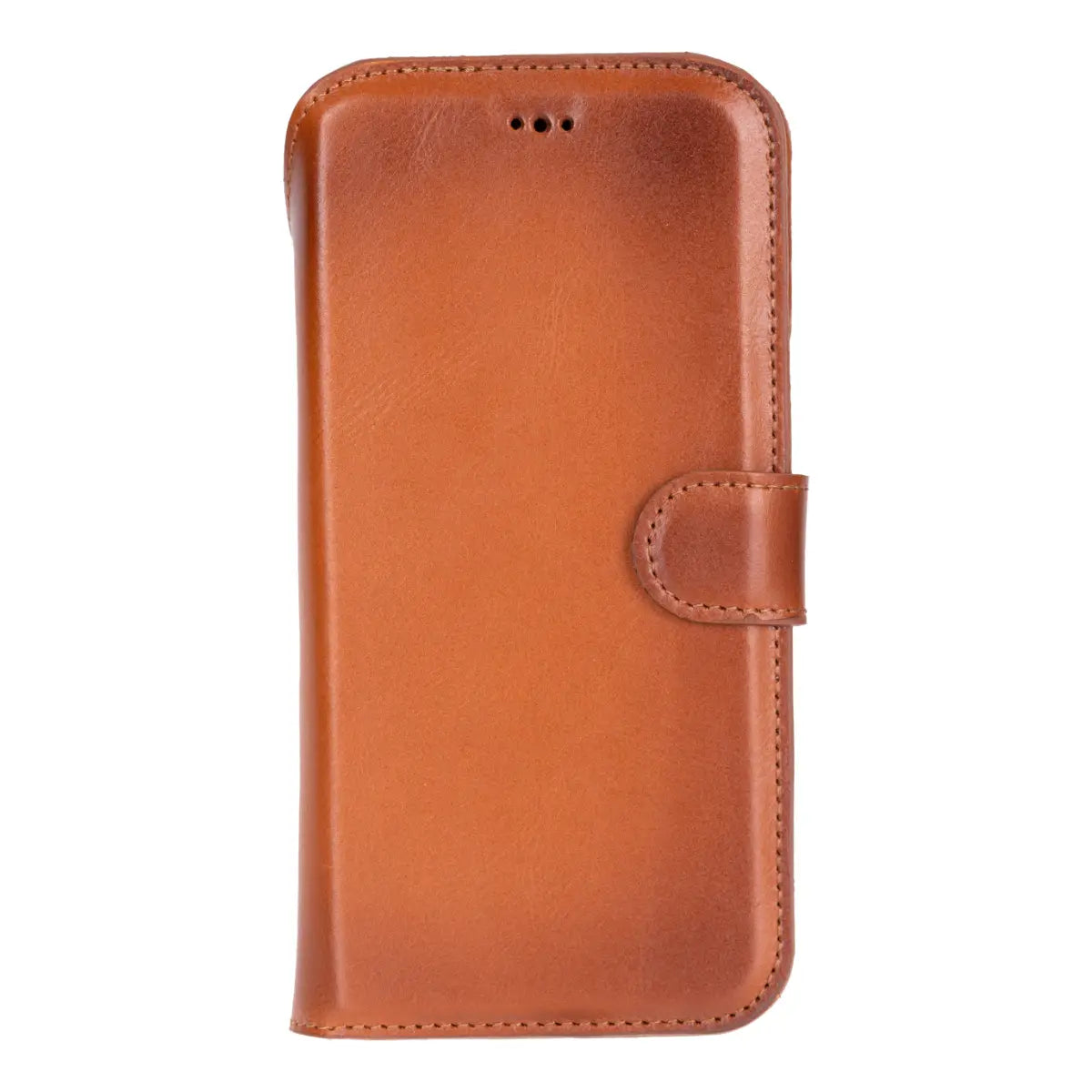 iPhone 17 Pro Max Leather Case Burnished Tan Prestige closed front with iPhone inside