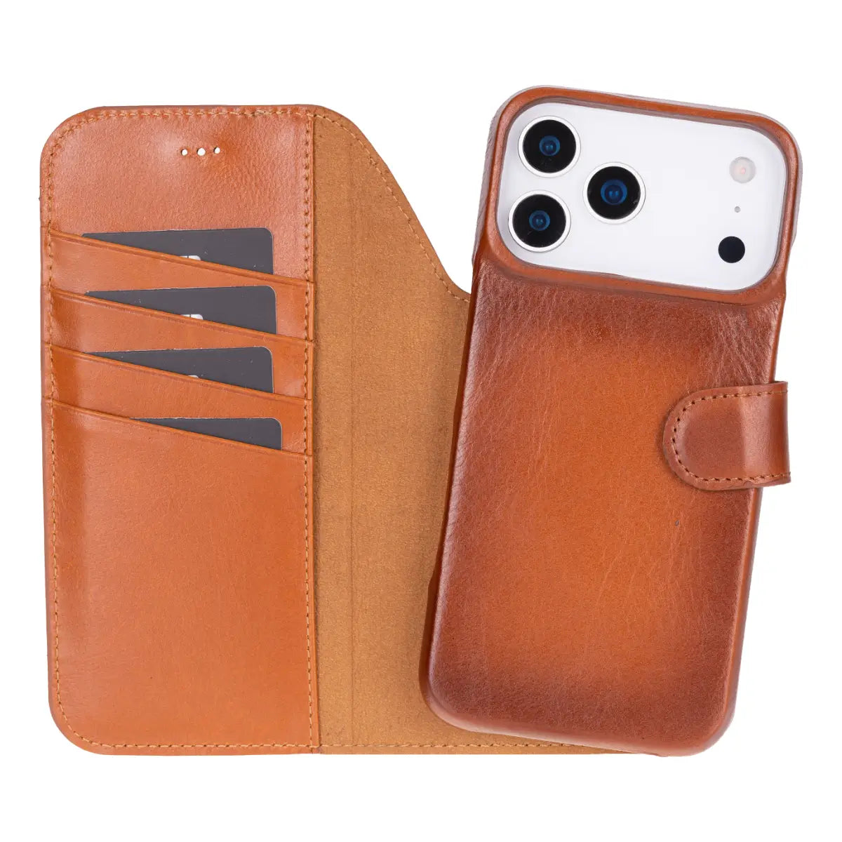 iPhone 17 Pro Max Leather Case Burnished Tan Prestige open with iPhone inside