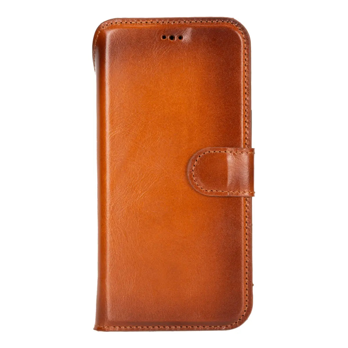 iPhone 17 Pro Max Leather Case Burnished Tan Vero closed front view with iphone inside