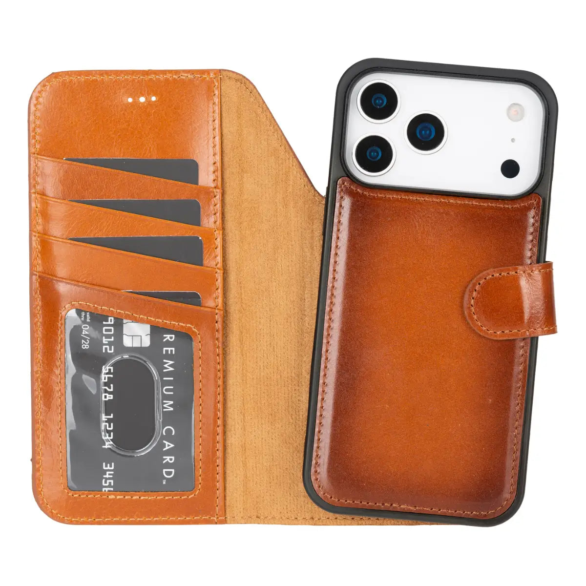 iPhone 17 Pro Max Leather Case Burnished Tan Vero open with iPhone inside