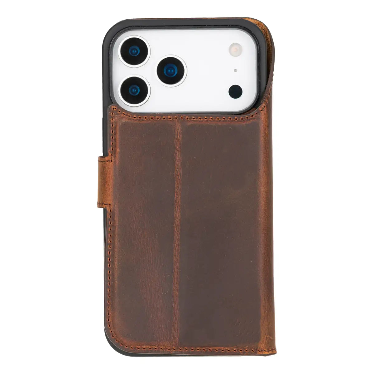 iPhone 18 Pro Leather Case Distressed Brown Vero closed back view with phone inside