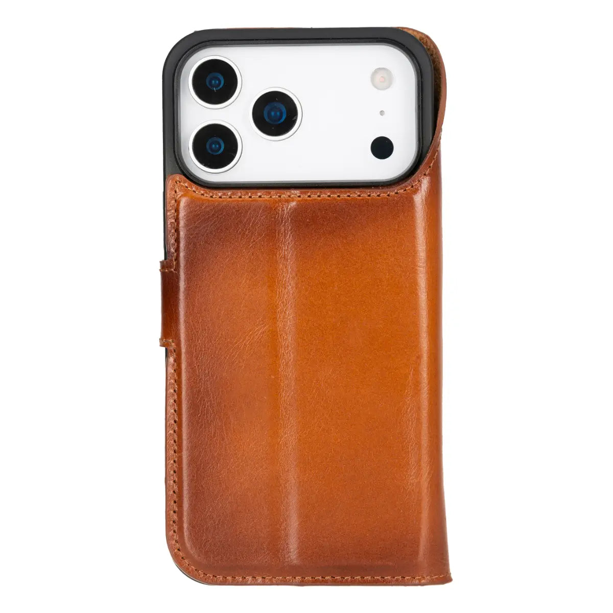 iPhone 18 Pro Max Leather Case Burnished Tan Vero closed back view with iphone inside