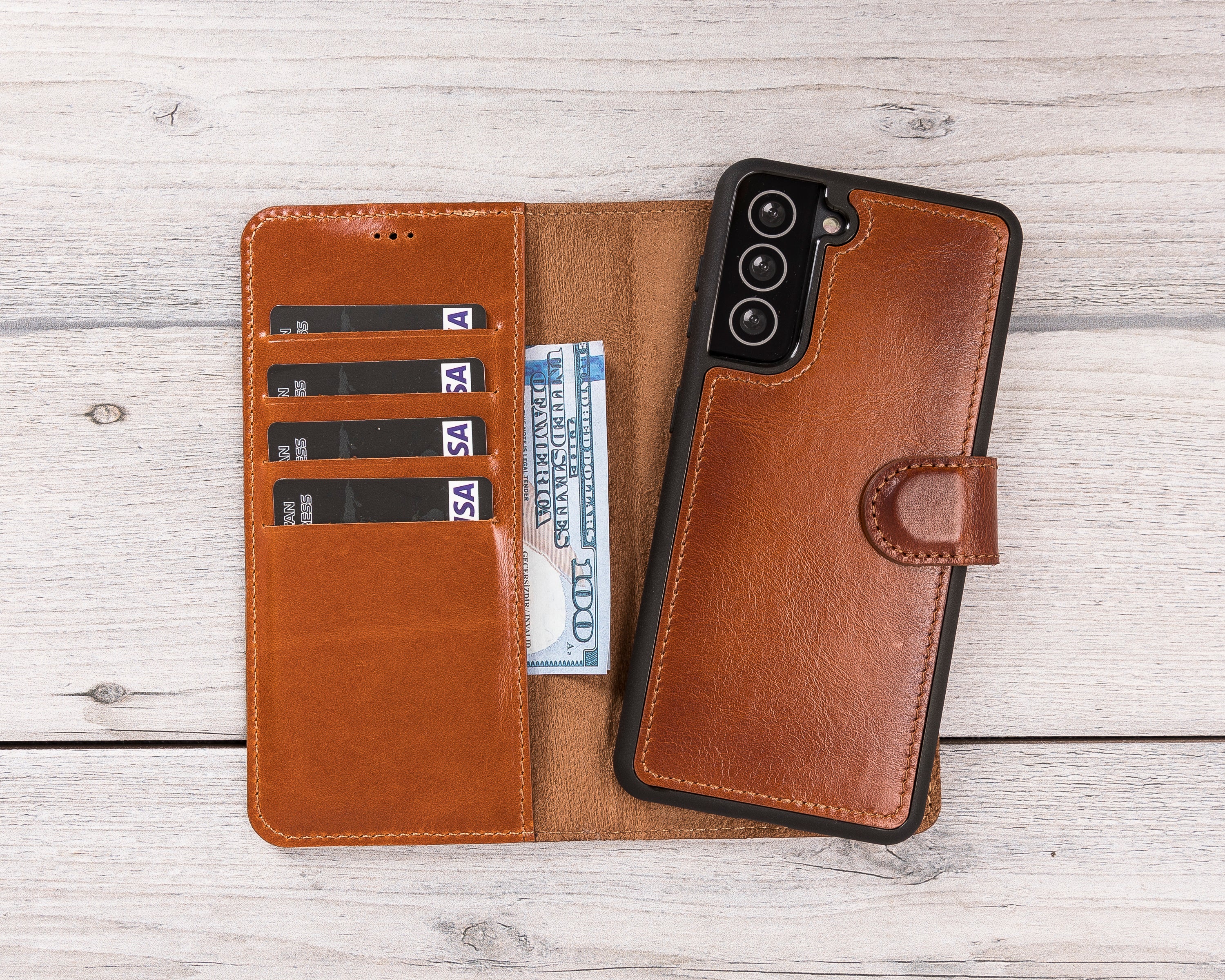 Burnished Tan Magnetic Leather Wallet Case for Galaxy S22 / S23 / S24