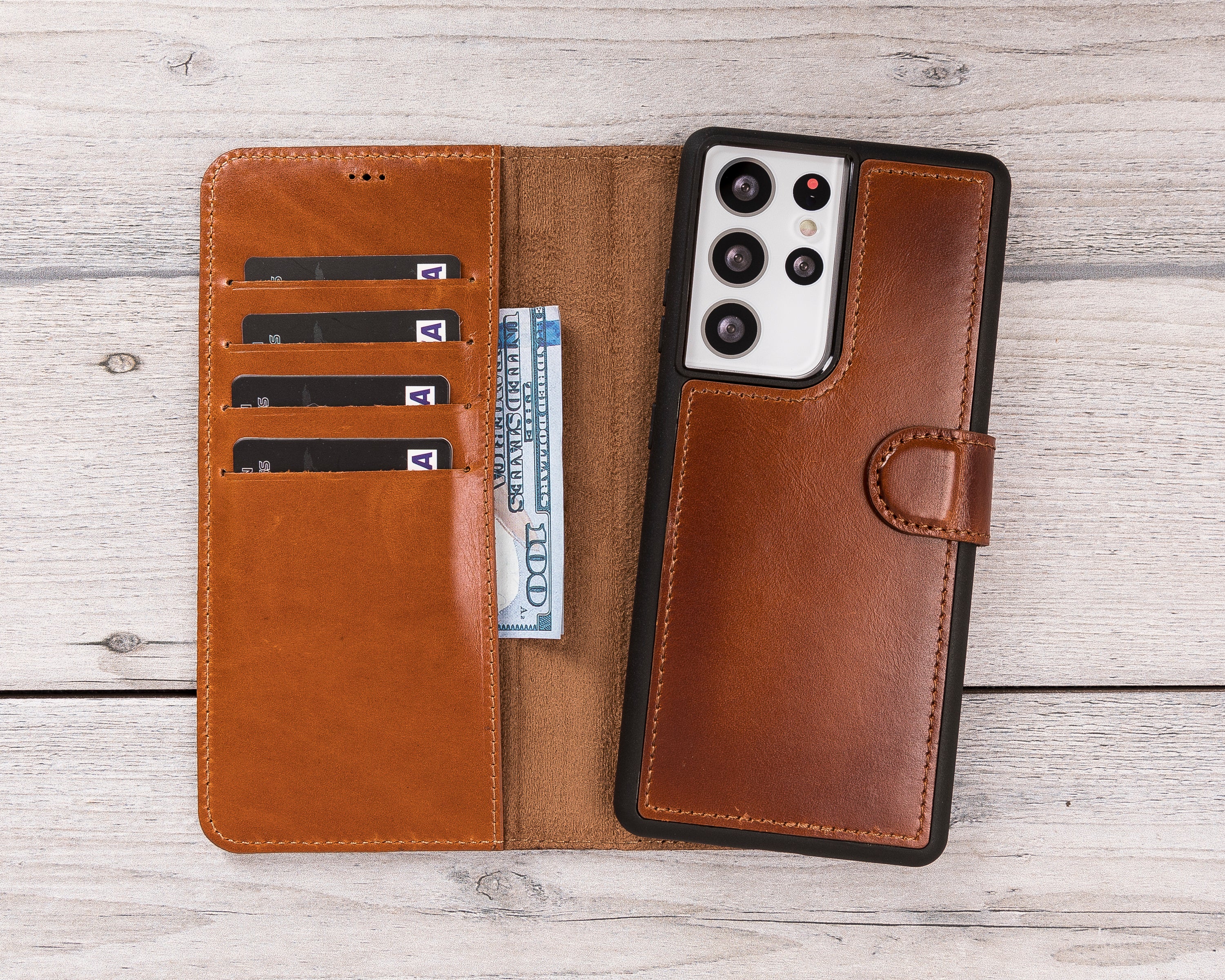 Burnished Tan Magnetic Leather Wallet Case for Galaxy S22 / S23 / S24