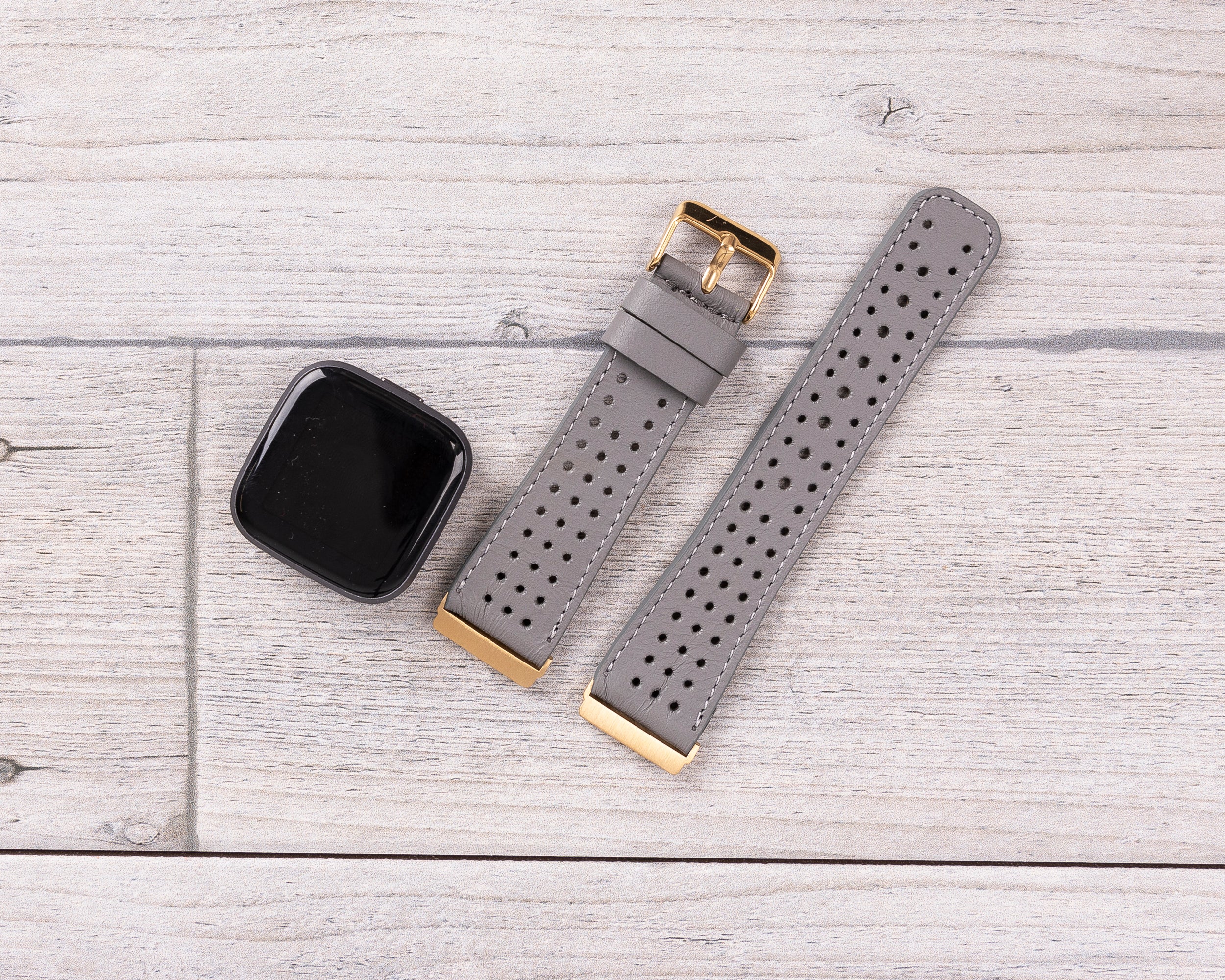 Perforated Gray Leather Band for Fitbit Watch