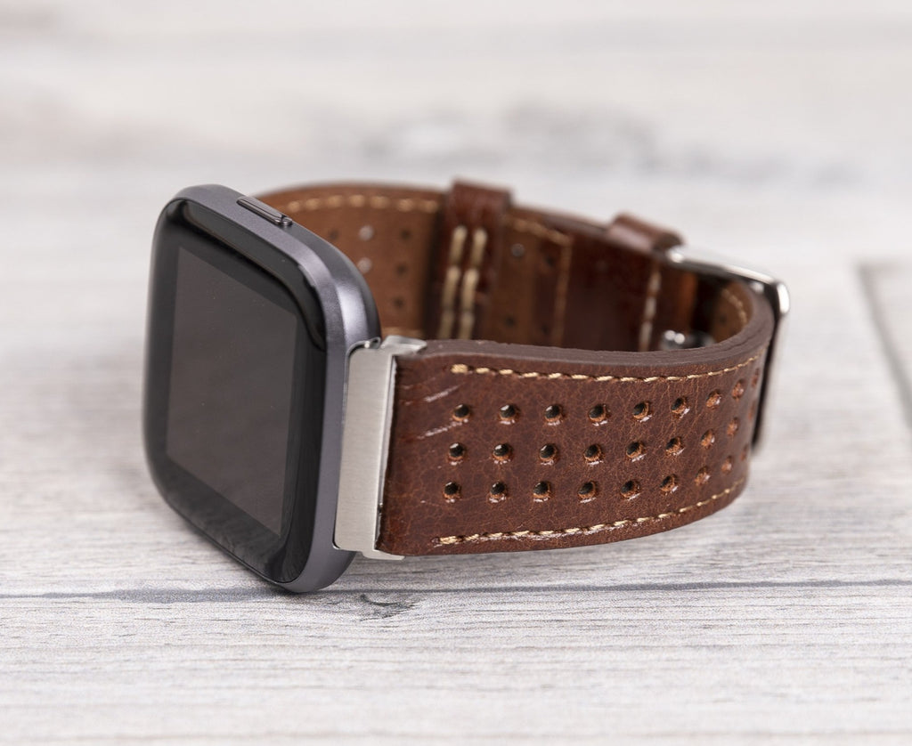 Perforated Dark Brown Leather Band for Fitbit Watch