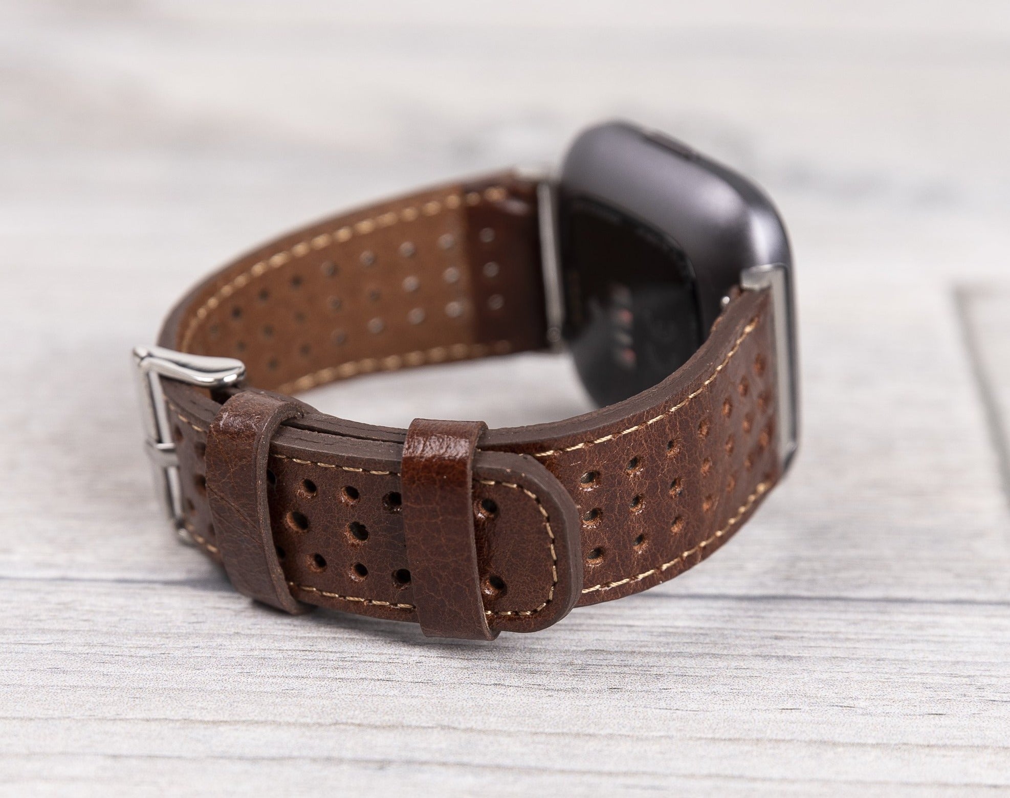 Perforated Dark Brown Leather Band for Fitbit Watch