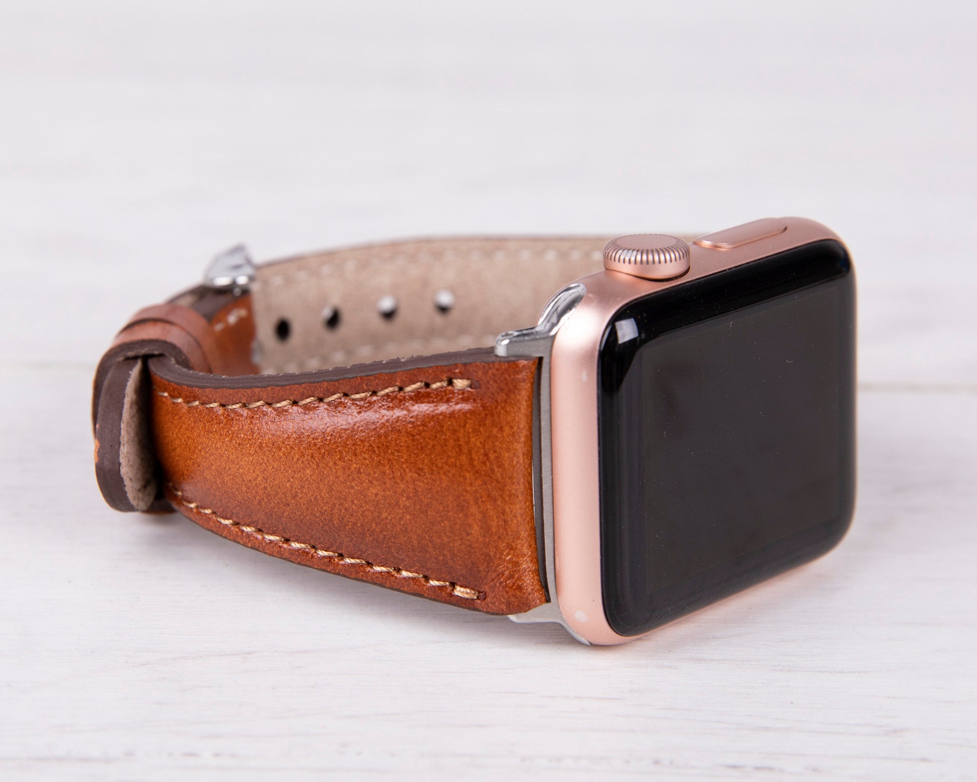 Leeds Double Tour Slim with Silver Bead Apple Watch Leather Straps Tan