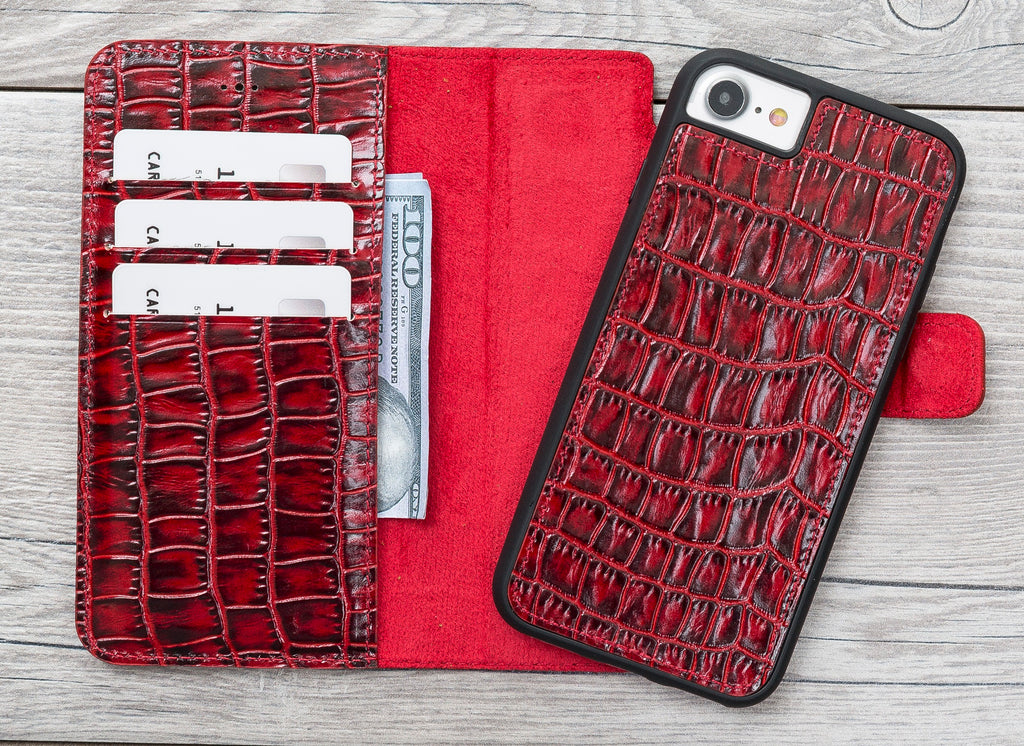 Red Croco Pattern Magnetic Genuine Leather Wallet Case for iPhone SE-2/7/8