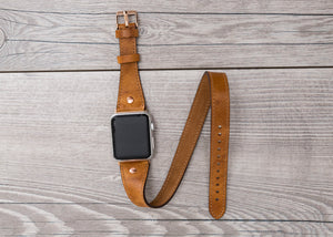 Camel Brown Slim Double Wrap Leather Band (Rose Gold Rivet)