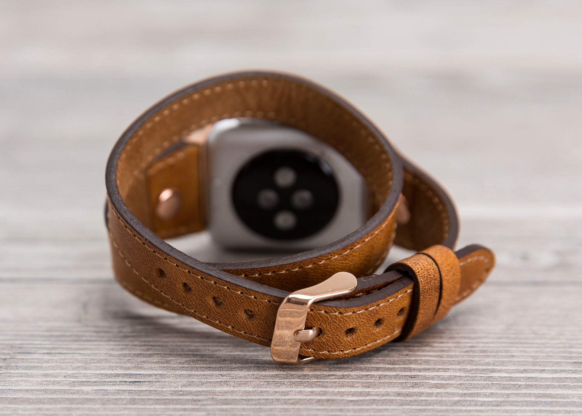 Camel Brown Slim Double Wrap Leather Band (Rose Gold Rivet)