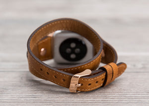 Camel Brown Slim Double Wrap Leather Band (Rose Gold Rivet)