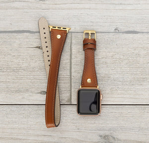 Burnished Tan Slim Double Wrap Womens Leather Band (Gold Rivet)