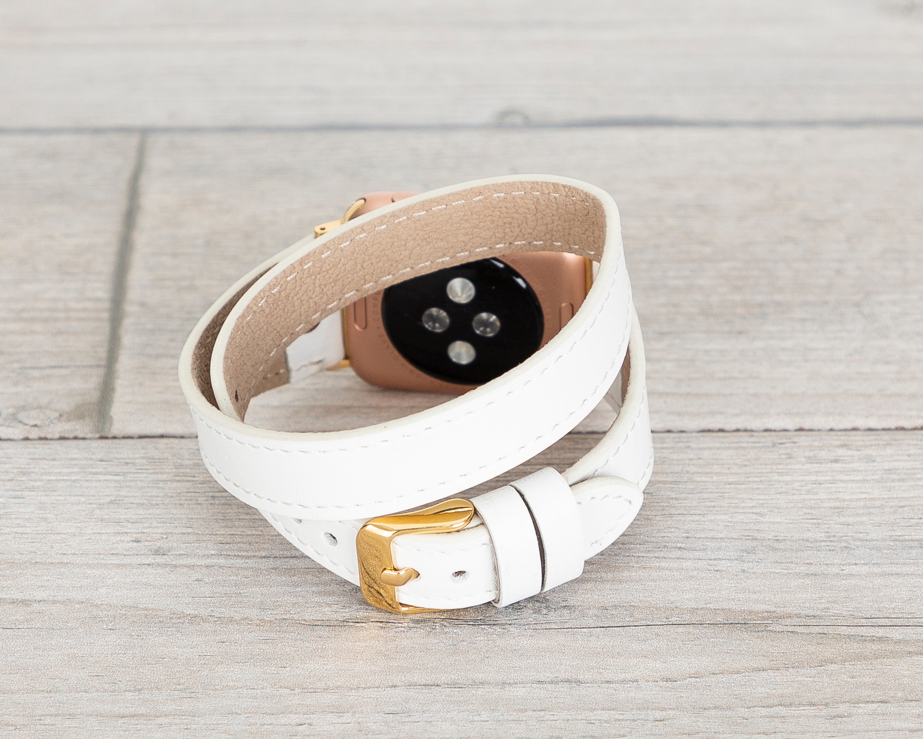 White Slim Double Wrap Womens Leather Band (Gold Rivet)
