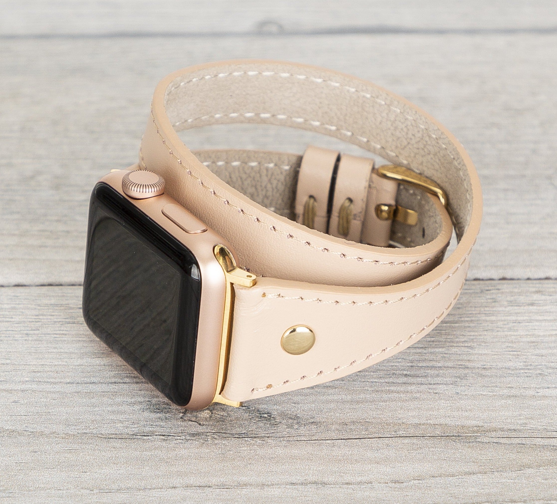 Rose Gold Metal Rivet Leather Sport Strap For iWatch Series 6 5 4