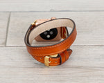 Burnished Tan Slim Double Wrap Womens Leather Band (Gold Rivet)