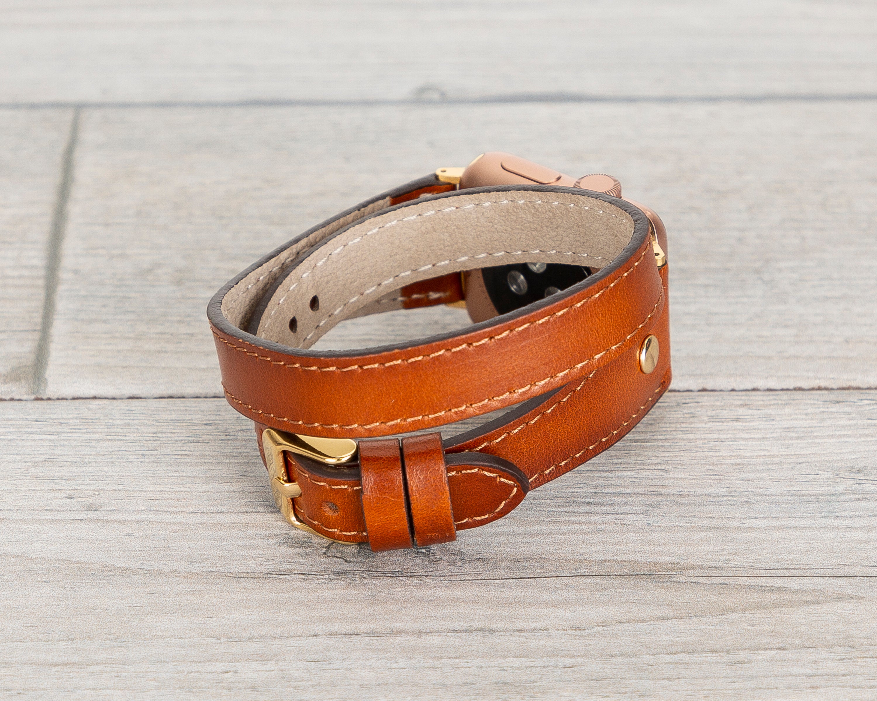 Burnished Tan Slim Double Wrap Womens Leather Band (Gold Rivet)