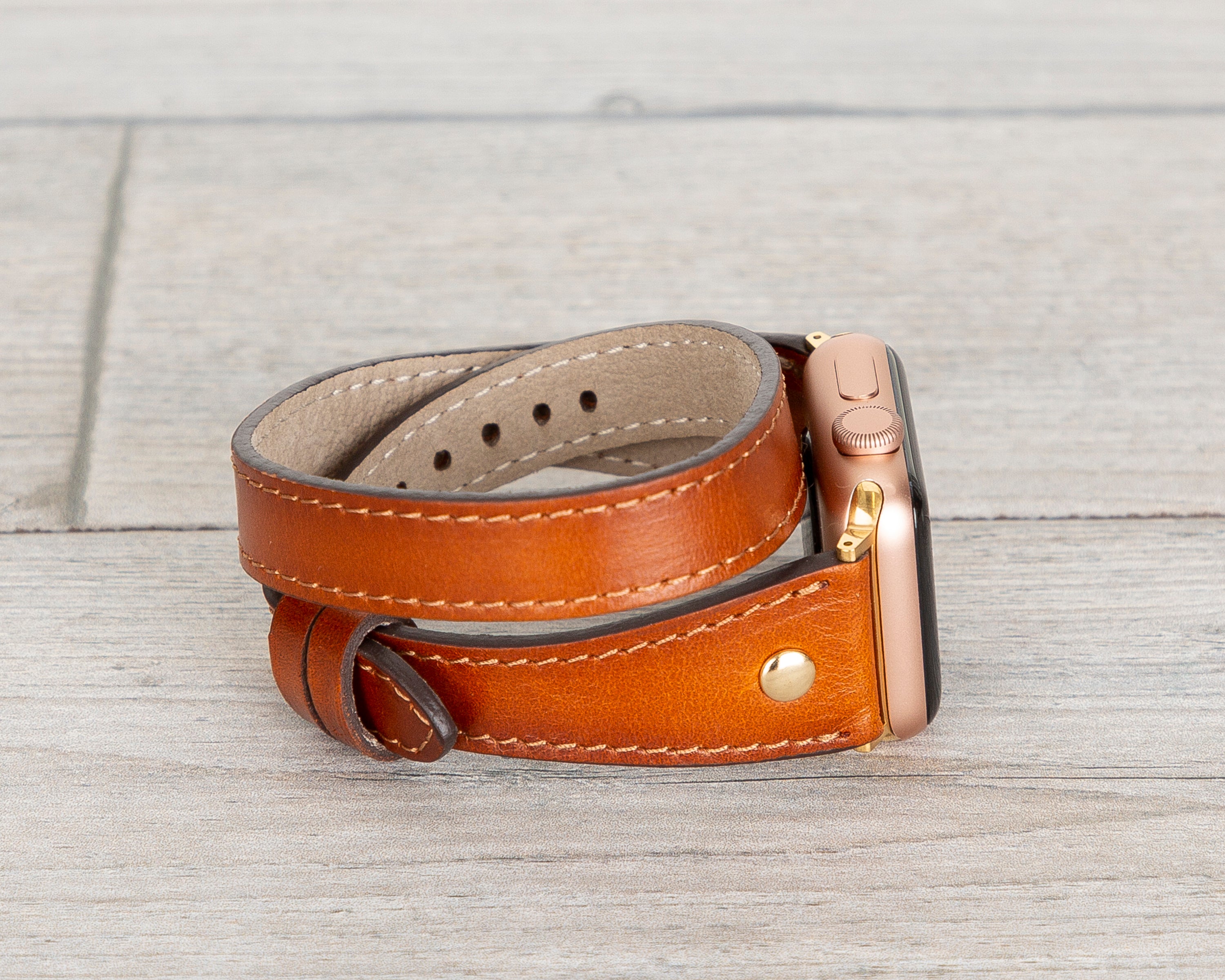 Burnished Tan Slim Double Wrap Womens Leather Band (Gold Rivet)