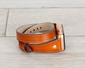 Burnished Tan Slim Double Wrap Womens Leather Band (Gold Rivet)