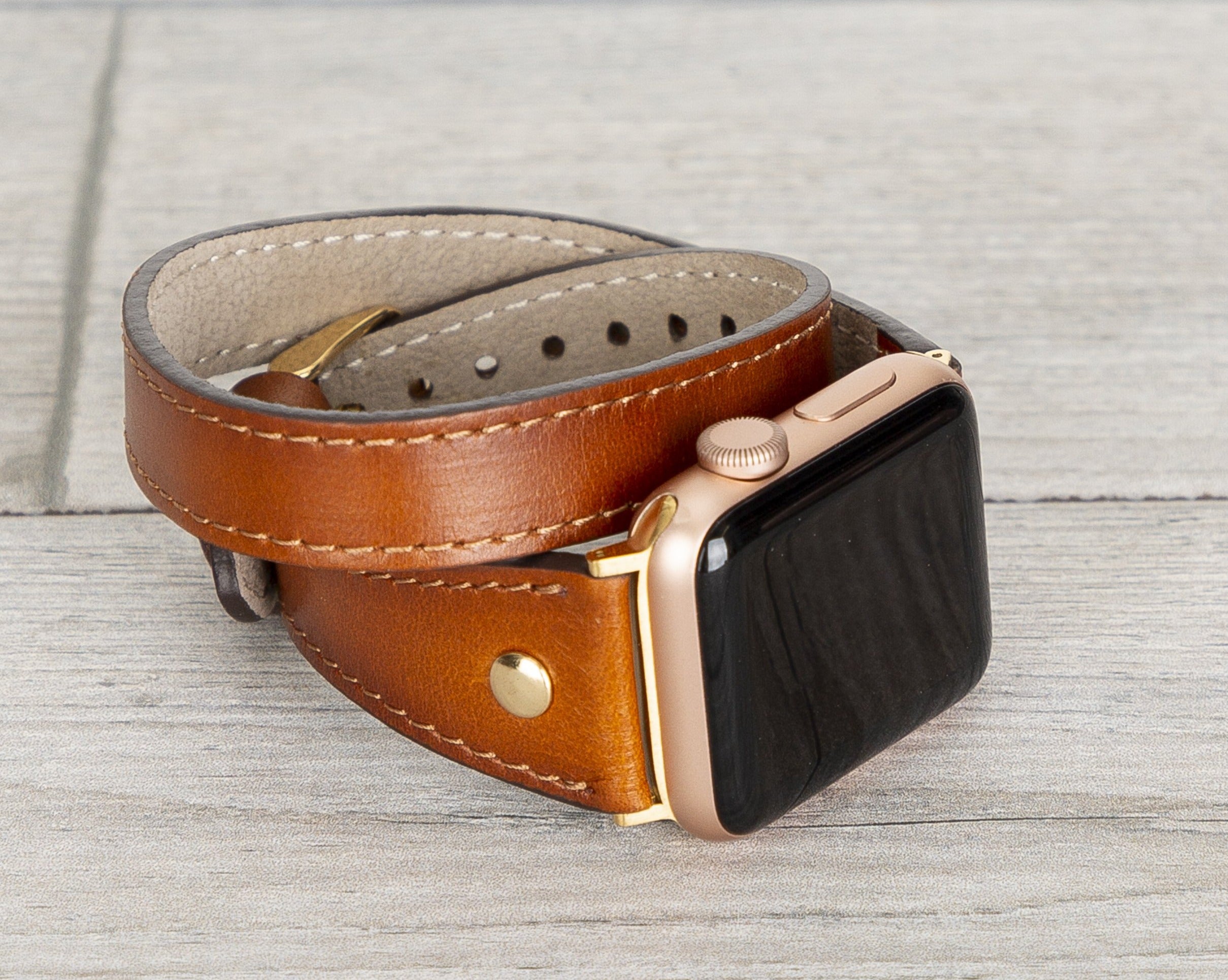 Burnished Tan Slim Double Wrap Womens Leather Band (Gold Rivet)