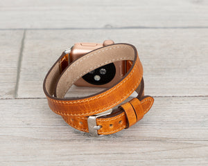 Camel Brown Slim Double Wrap Womens Leather Band