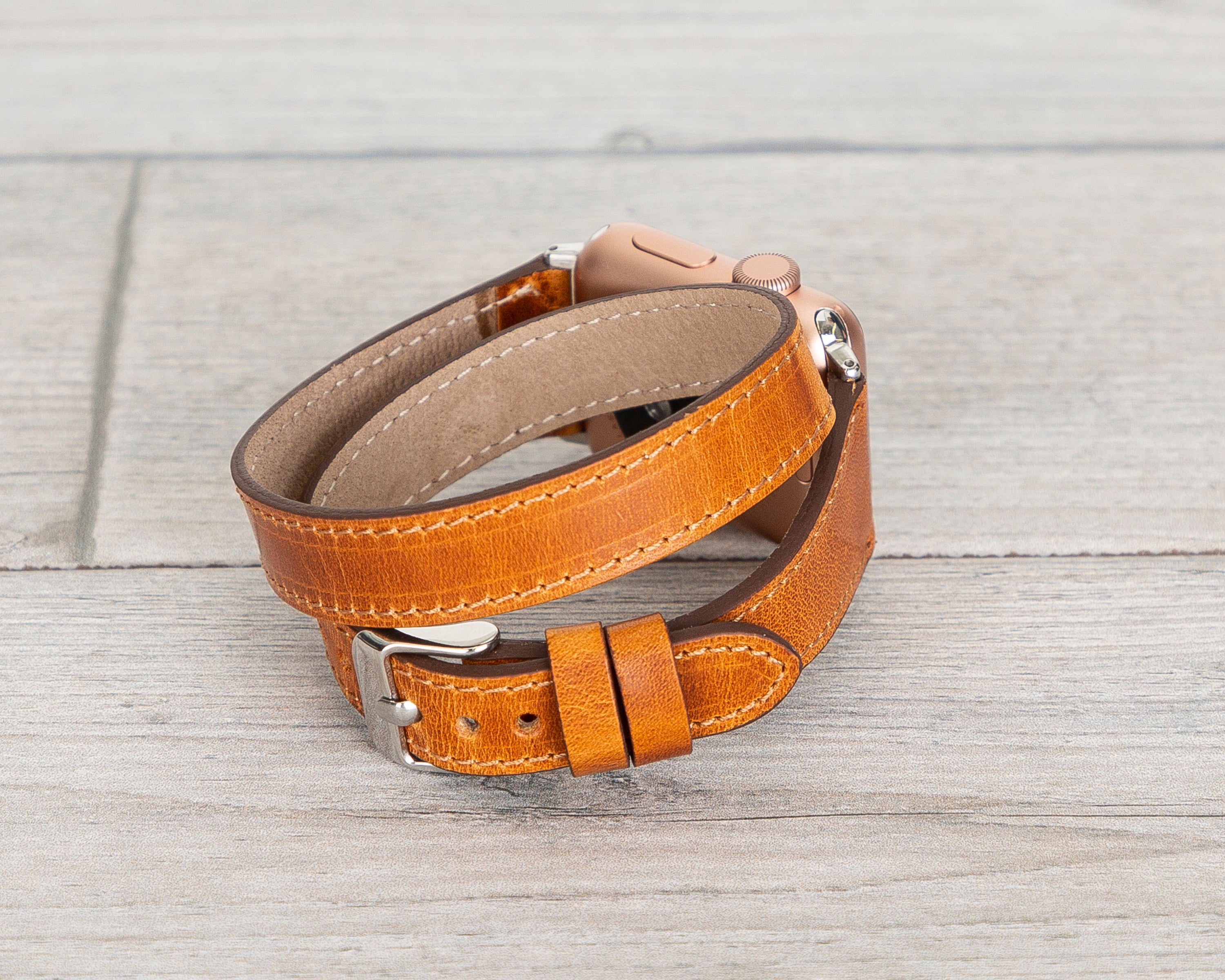 Camel Brown Slim Double Wrap Womens Leather Band