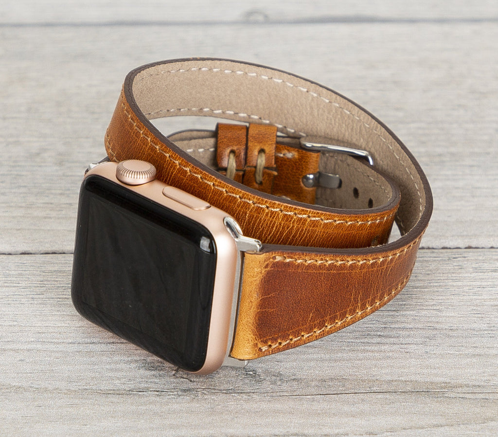 Leeds Double Tour Slim with Silver Bead Apple Watch Leather Straps Tan