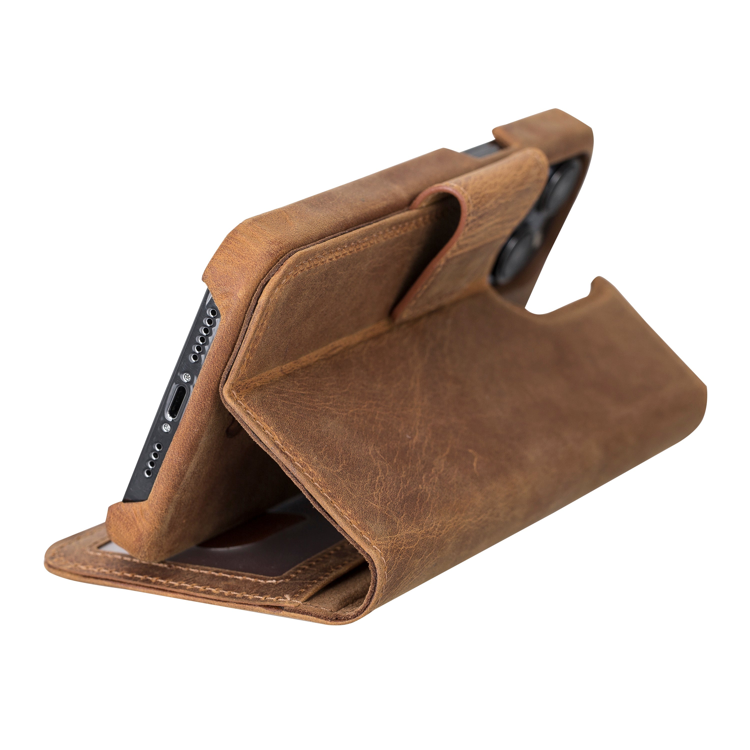 Antic Brown Leather Magnetic Wallet Case for iPhone 14 (6.1"), Prestige