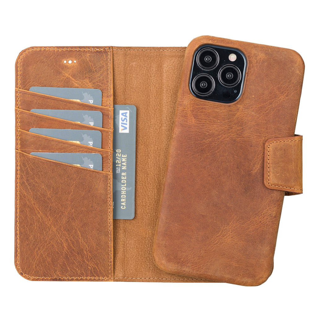 Camel Brown Leather Magnetic Wallet Case for iPhone 14 (6.1"), Prestige