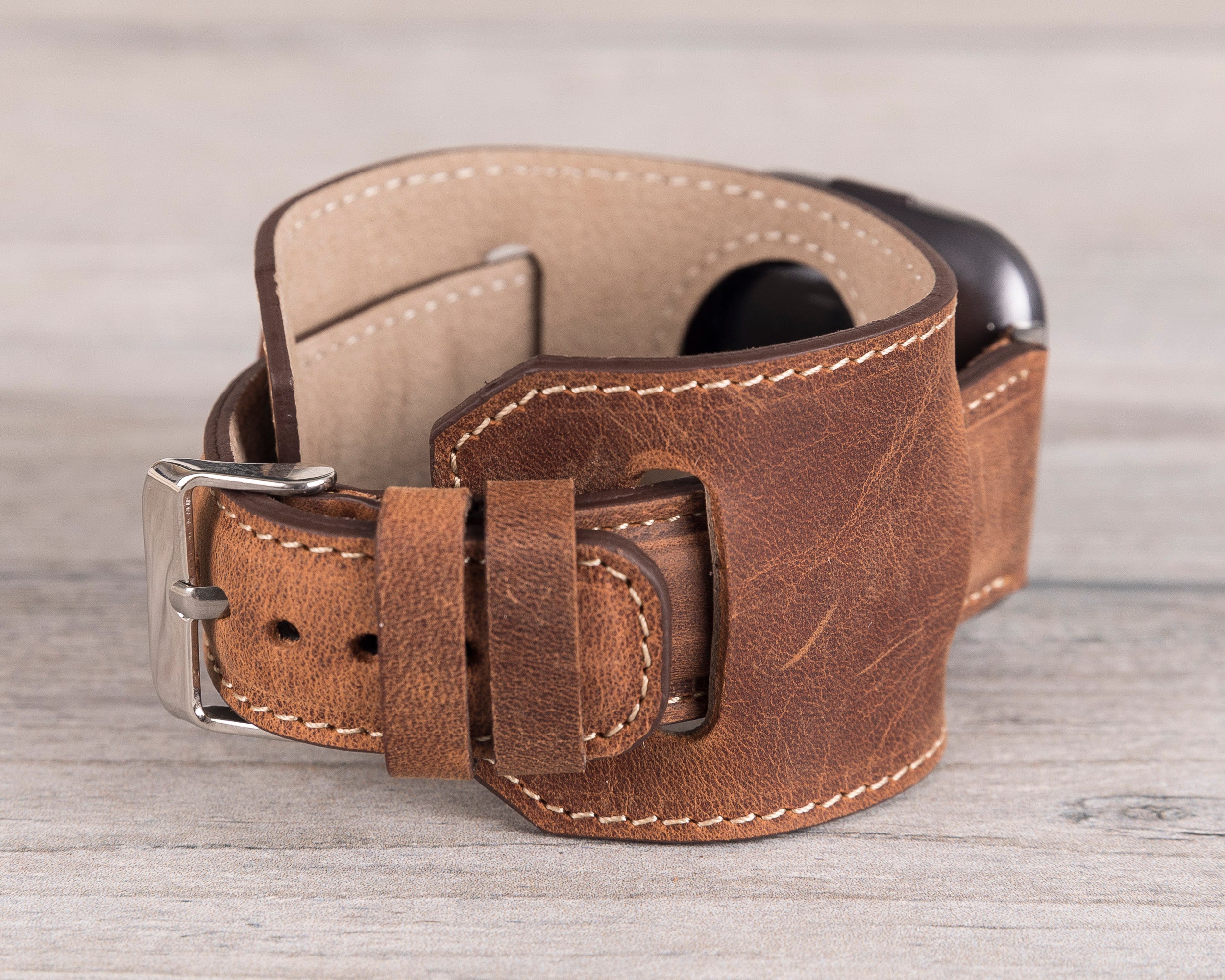 Antic Brown Leather Cuff for Fitbit Watch